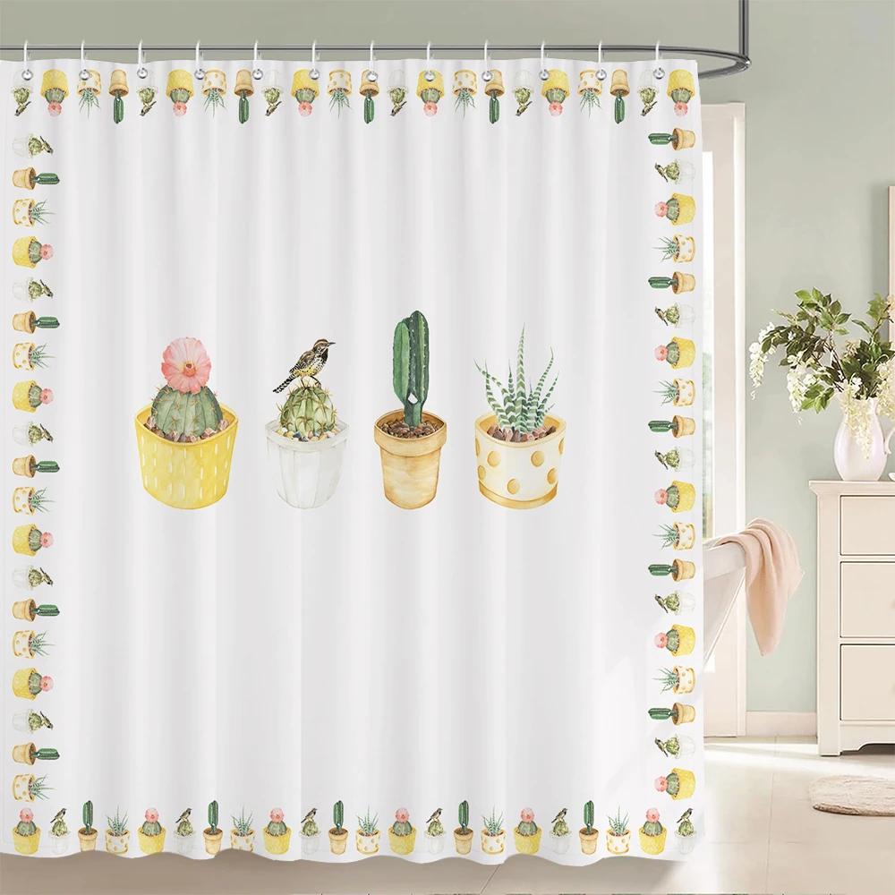 Tropical Plant Cactus Shower Curtain 180cm *180cm with Hooks, Floral Waterproof Shower Curtain, Shower Curtains for Bathroom