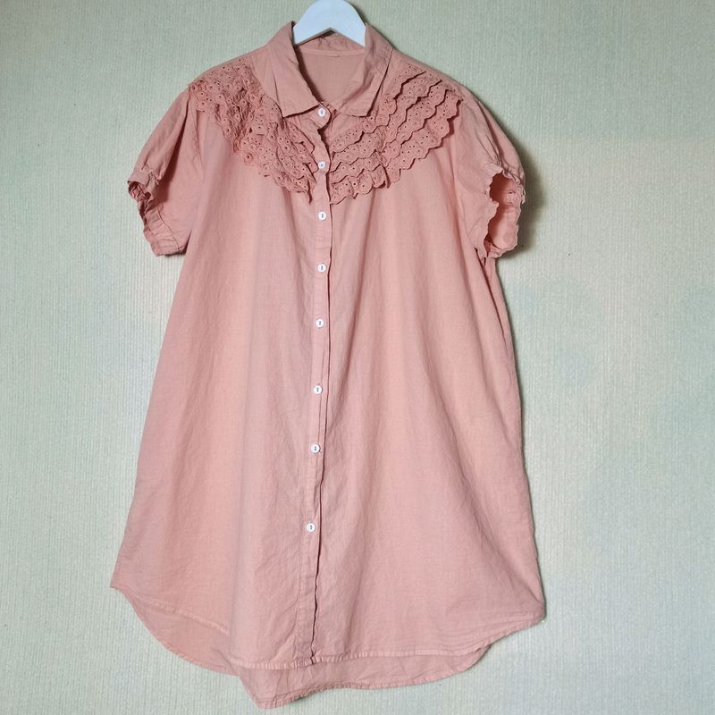 Export Original Order Leftover Stock Pure Cotton Short-Sleeved Shirt for Women Pure Cotton Embroidery Lace Lace Mid Length Long Length Pure Color Tall
