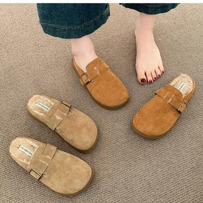 Thick-soled Fluffy Birkenstock Half-slippers, Winter New One-pedal Lazy Shoes, Velvet Cotton Slippers