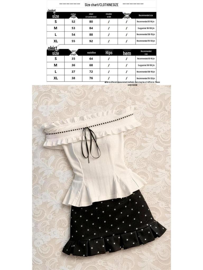 Women's Trendy Summer Set: Off-Shoulder Ruffled Top & Polka Dot High-Waisted Midi Skirt.