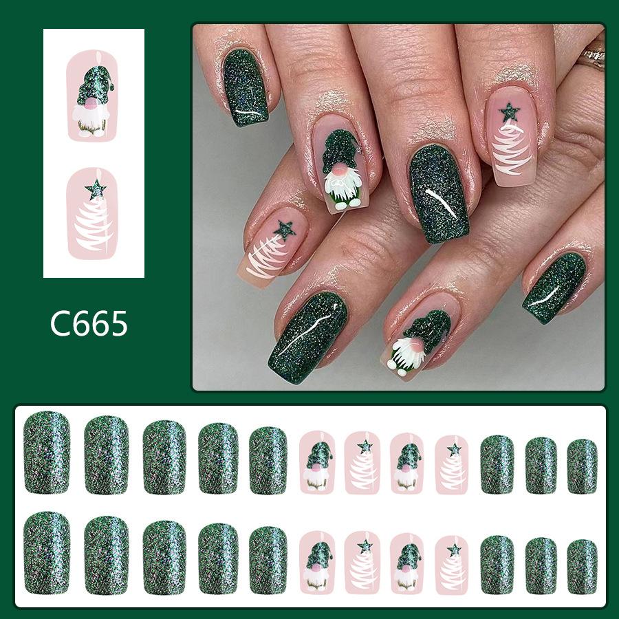 BEPAN 24Pcs Green Santa Press On Nails Short Glossy Square Full Cover Fake Nail Tips Christmas Tree with Glitter False Nail Festival