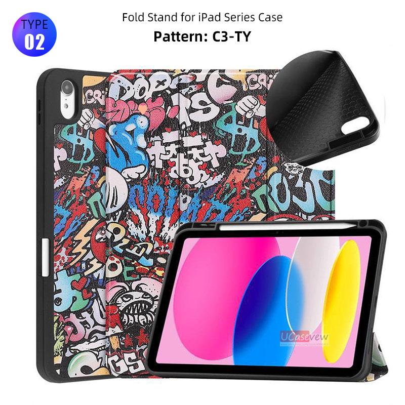 Tri-Folding Back Smart Cover with Pencil Holder For Apple iPad 2025 Mini 4 5 6 7Air M2 M3 A17 pro M4 12.9 13 11 A16 Cartoon Case