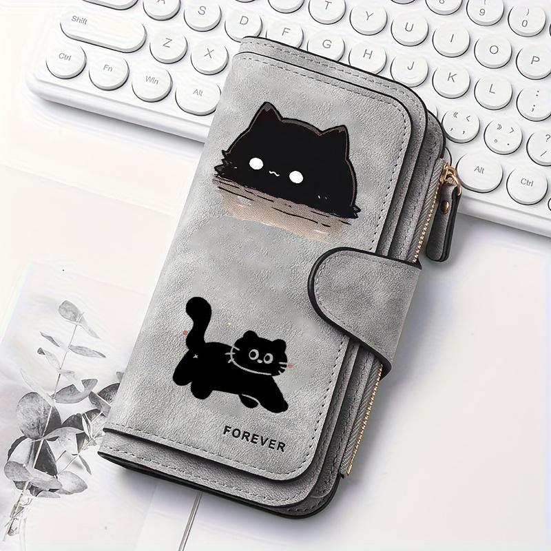 Women Multifunction Wallet with Cat Pattern Snap Button Coin Purse Billfold Card Holder for Outdoor Travel Daily Use Minimalist Couple Gift Gray