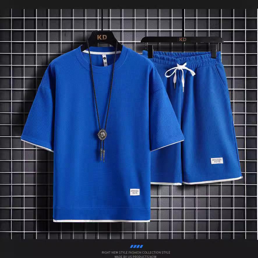 Men's Short-Sleeve Waffle T-Shirt and Shorts Set – Summer Casual Sportswear