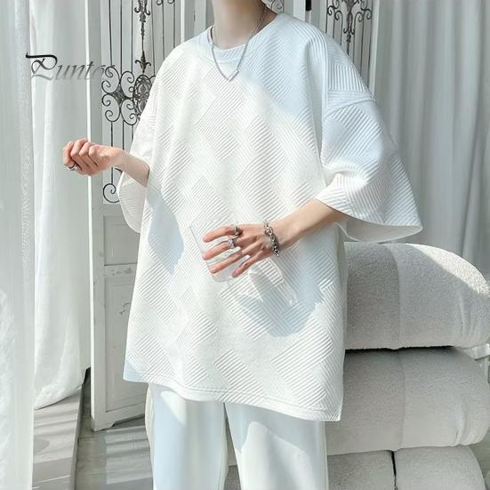 Camiseta de verano para hombre, cuello redondo, holgada, de largo medio, de color liso, con textura de gofre, talla grande, media manga, estilo japonés, ropa de calle para exteriores