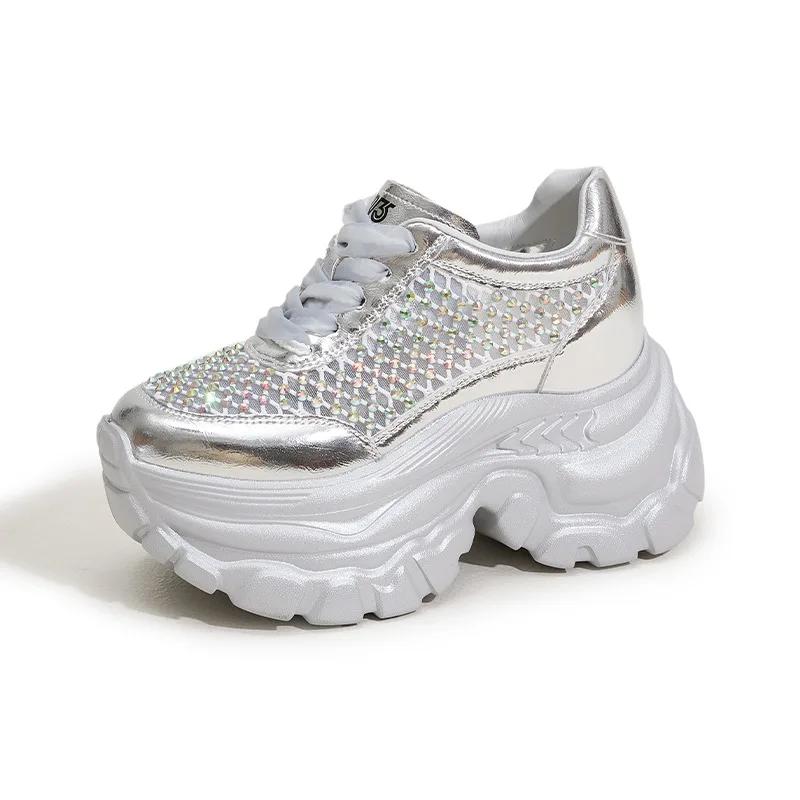 Fashion High Quality 9CM Air Mesh Microfiber Leather Summer Bling Bling Fashion Ankle Boots Hollow Chunky Sneaker Vulcanize Women Shoes