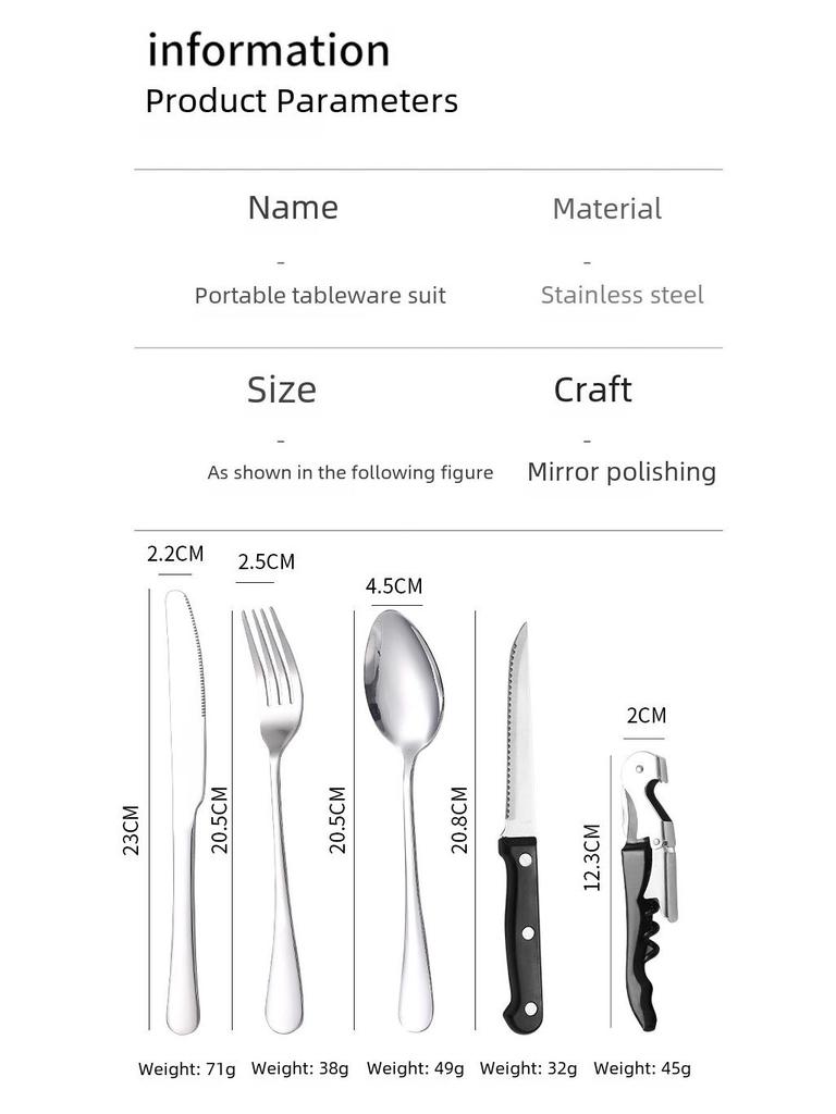 Set de tacâmuri de exterior din oțel inoxidabil cu cuțit, furculiță, lingură și pungă de pânză
