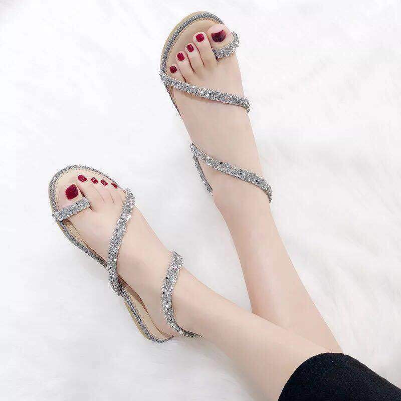 Women's Sandals Crystal Ladies Shoes For Party And Weddings No Heel Flat Rubber Flip-flops Silver Shoe On Offer Premium F