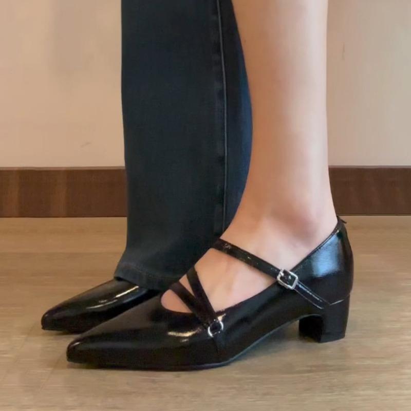 Sheepskin version one word with thick heel leather single shoes women's commuting temperament high heels shallow mouth retro Mary Jane shoes