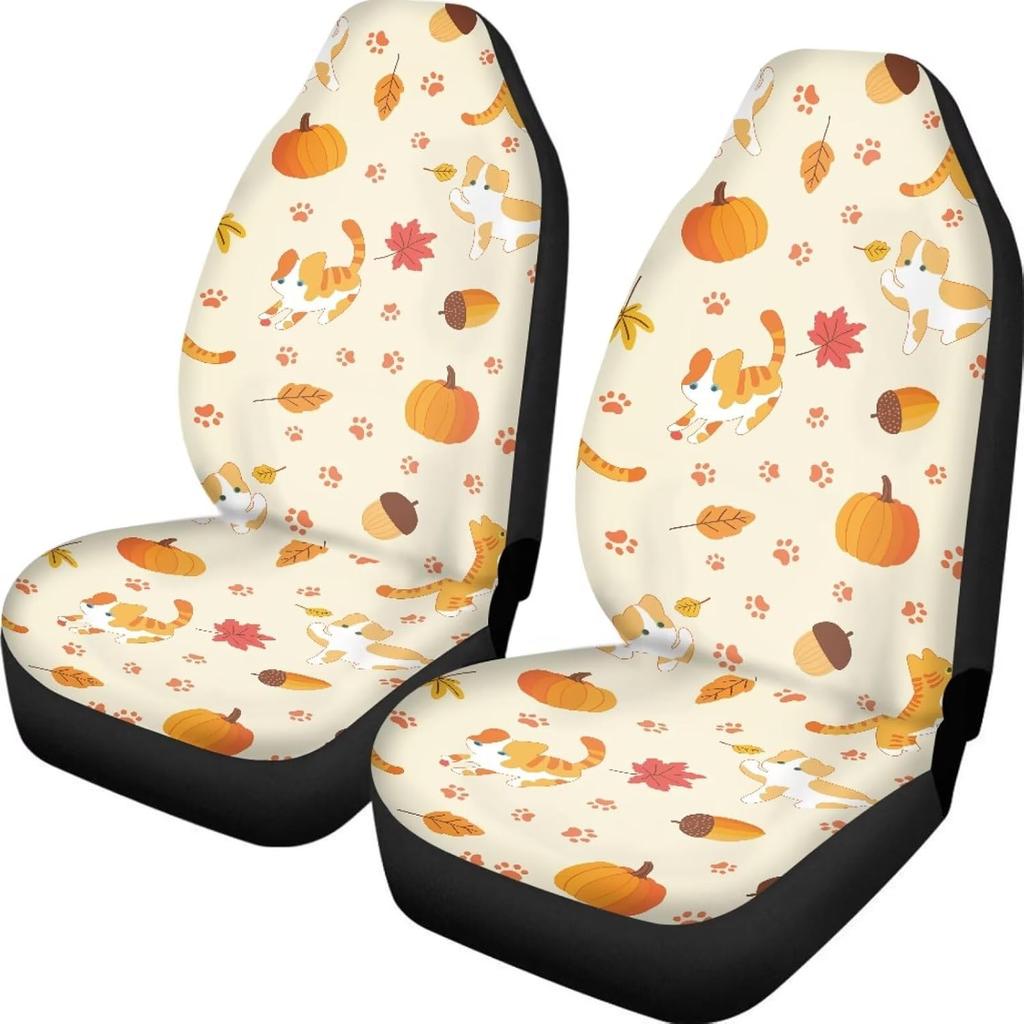 Pumpkin Mushroom Maple Leaf Front Car Seat Covers Protectors 2-Pc Set Graphic Print Auto Seat Covers For Holiday Car Decor