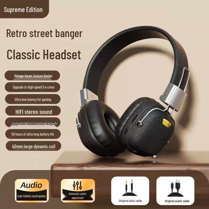 Retro Foldable Noise-Canceling Bluetooth Over-Ear Headphones: Long Battery Life & High Sound Quality, Multi-Functional Wireless Design.
