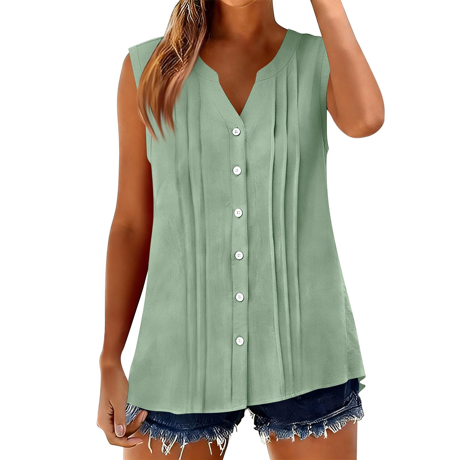 

Womens Sleeveless Tops Cotton Linen Button Down Shirts V Neck Pleated Casual Loose Sleeve Shirt XXL
