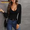 Women's Fashion Casual Solid Color Print Long Sleeve U-Neck Blouses & Shirts