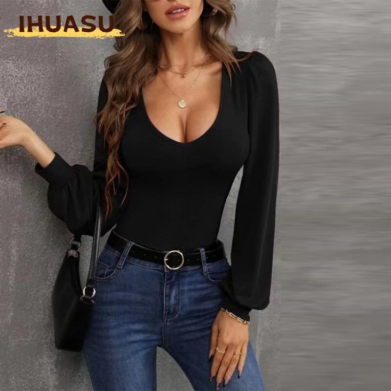 IHUASU Women's Fashion Casual Solid Color Print Long Sleeve U-Neck Blouses & Shirts