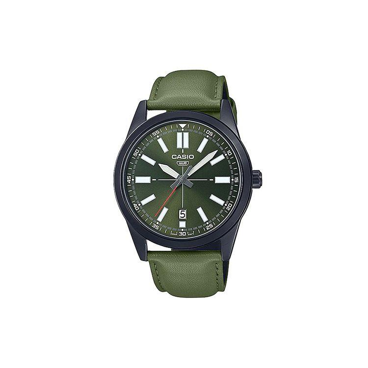 Casio Dress Pointer Display Watch Series Minimalist Fashion Classic Casual Date Display Waterproof Quartz Movement Leather Strap MTP-VD02BL-3E Green Dial