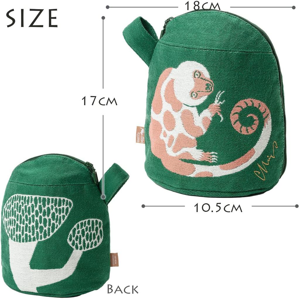 Morita MiW Gusseted Pouch, featuring a design of tree tails and cribs. Green. This adorable, round pouch features a thick, tightly woven fabric with