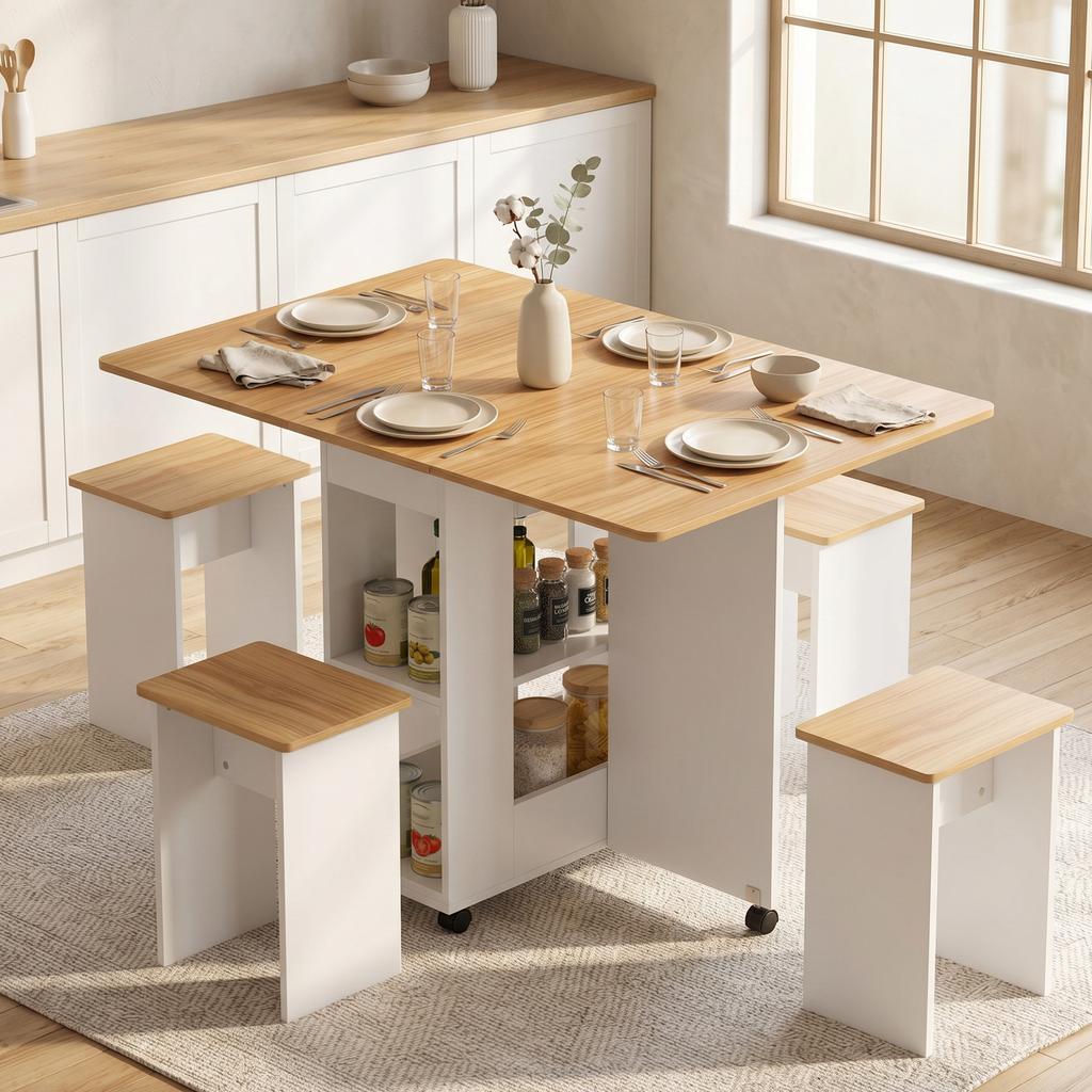Folding Dining Table and 4 Chairs Set, Oak and White