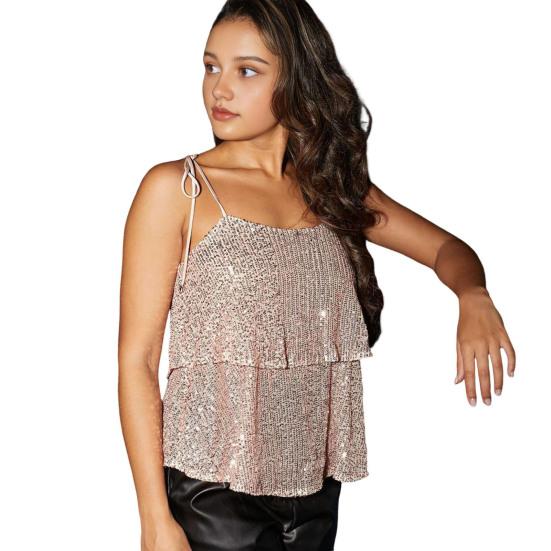 

Сексуальный жилет-слинг, двухслойный, с блестками, женские топы, блестящие детали, стандартный крой, летние топы, повседневная одежда M абрикосовый