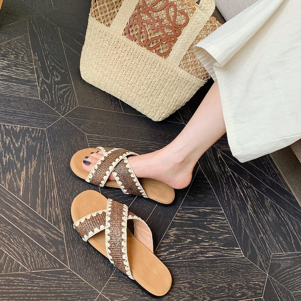 Schaffellversion~ Traubenmutter, die gleichen kontrastfarben gewebten Kreuzpantoffeln, Damen Sommer tragen Ein-Wort mit vielseitigen coolen Pantoffeln