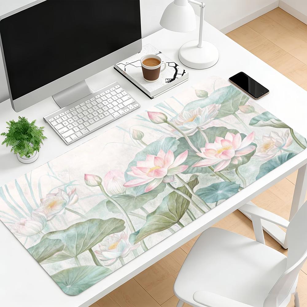 Vintage Tinte Lotus Groß Erweitert Gaming-Mauspad Rutschfeste Schreibtischunterlage Florale Kunst Tastatur-Mauspad Für Laptop Desktop Bürodekoration