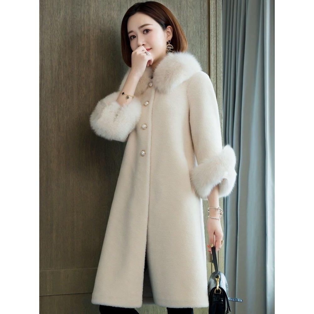 Autumn and Winter New Elegant Loose Coat Fox Fur Fur Collar Thickened Fur Particles Integrated Coat Women