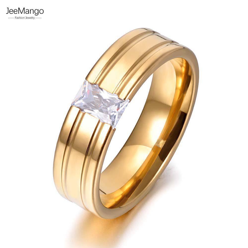 JeeMango Channel Setting Single CZ Crystal Rings Gold Color 316L Stainless Steel Wedding Engagement Ring Jewelry Gift JR17149