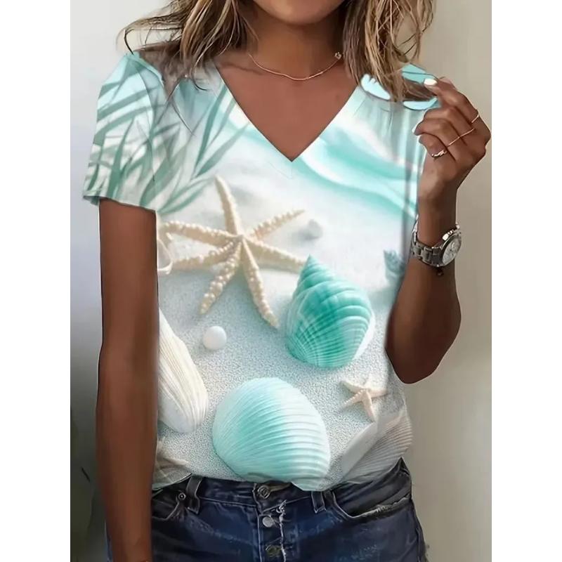 Fashion Women's V-Neck Short Sleeve 3D Flower Color Printing V-Neck Flower Short Sleeve