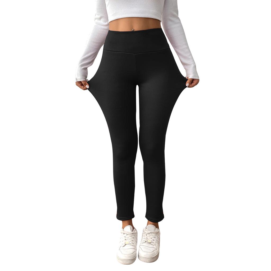 Women's Fleece-Lined Ribbed Thermal Leggings High-Waisted Slimming Design With Pockets Shapewear Leggings For Lifted Buttocks