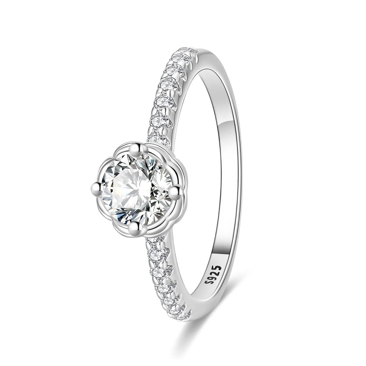 

925 Sterling Silver Floral Halo Ring Round Cut CZ Solitaire Engagement Ring for Women Wedding Anniversary Fine Jewelry Gift 7
