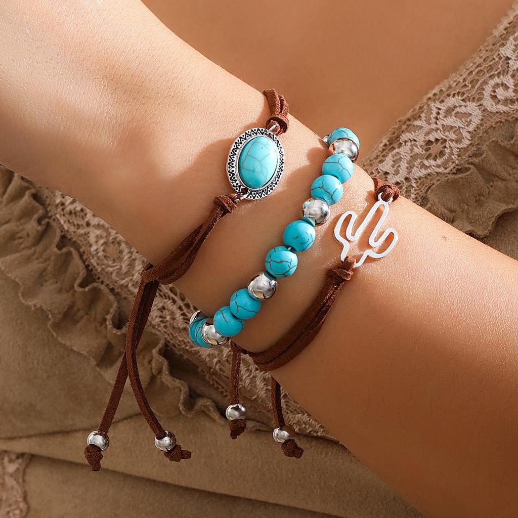 Jewelry Retro Imitation Turquoise Cow Head Collarbone Chain Beaded Necklace Set Ethnic Style Cactus Necklace Decoration