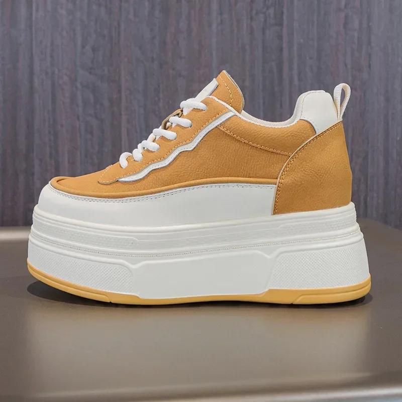 

9см Коровья Натуральная Кожа Повседневные Массивные Кроссовки Платформа-Клин Вулканизация Смешанный Цвет Удобные Туфли Мода Женская Обувь 39