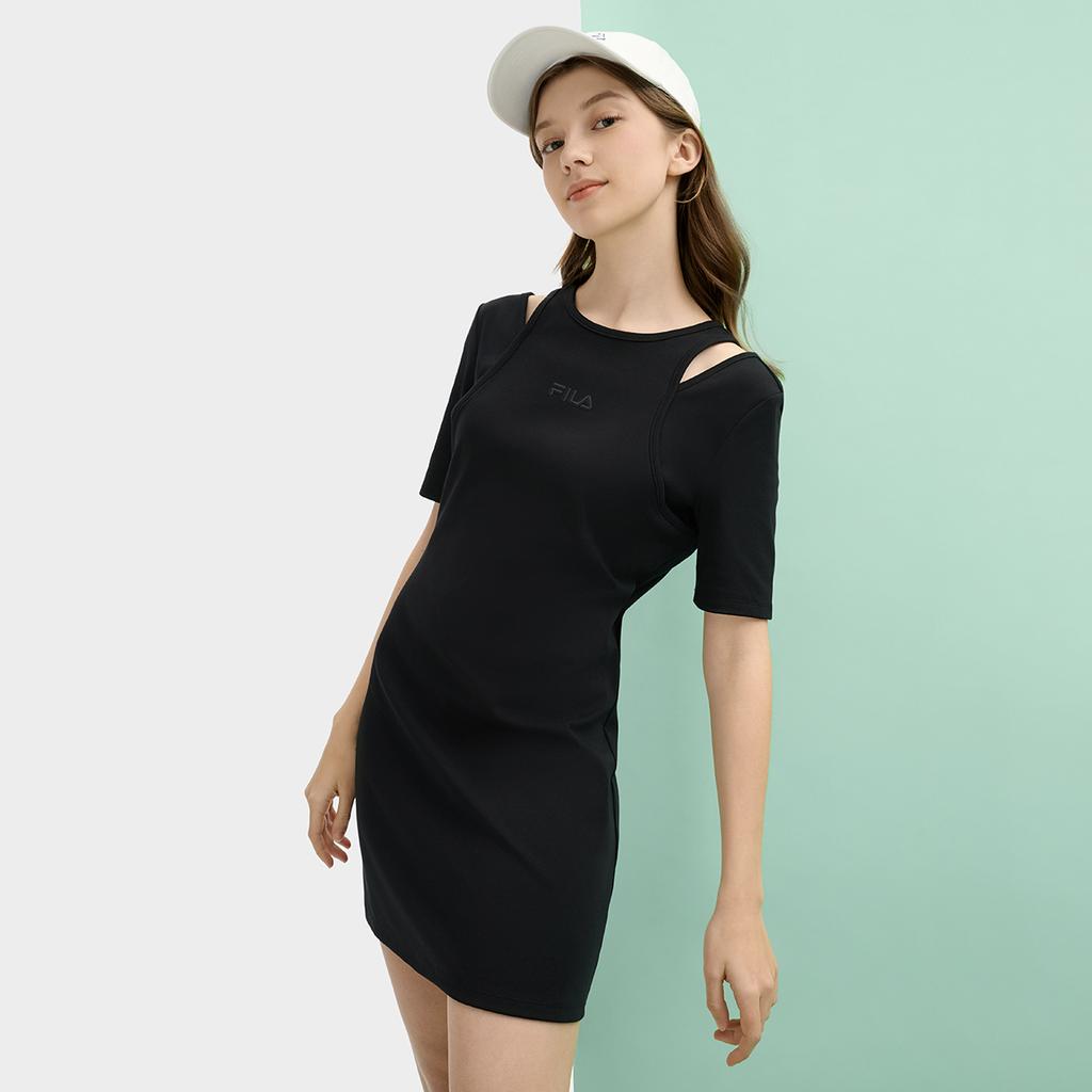 FILA Original Fashionable Personality Trendy Soft Comfortable Breathable Cut-Out Short Sleeve Dress Women dresses Black F51W529301F-BK