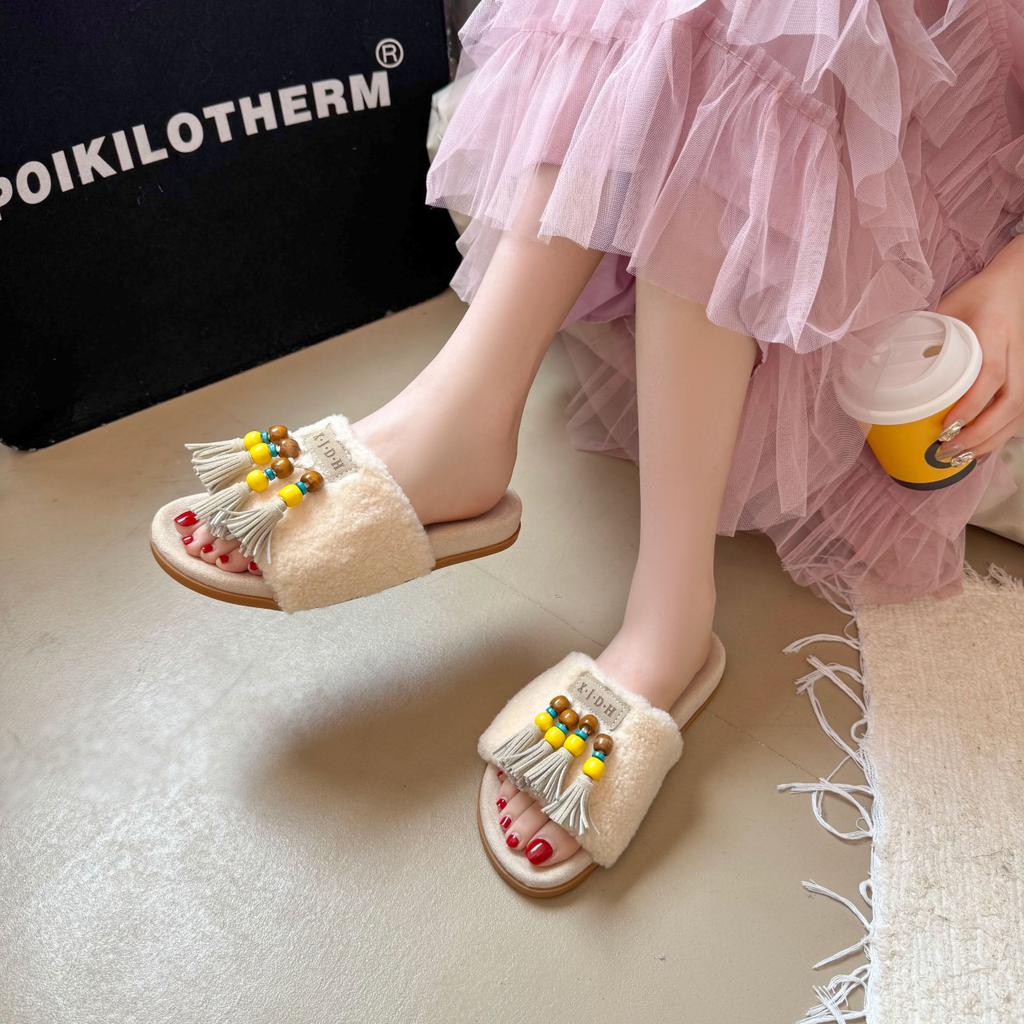 Thick-bottomed ethnic style fringed beaded fluffy slippers women's 2025 autumn new outer wear casual lazy one-word slippers