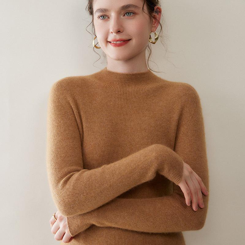 Women's Cashmere Striped Pullover - Slim-Fit Half-High Neck Knitwear for Autumn & Winter