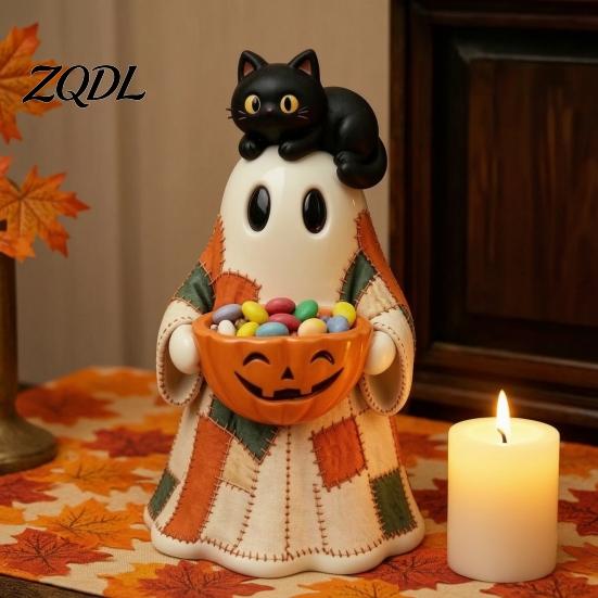 Festive Home Accents for Autumn Patchwork Ghost Halloween Decor, Resin Spooky Statue Holding Candy Living Room Bowl, Cute Tabletop Decor Office Party