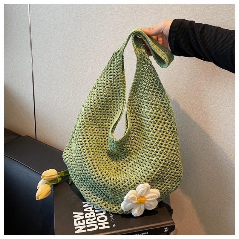 Large capacity flower cotton thread hollow tote bag women's new seaside vacation beach woven shoulder bag