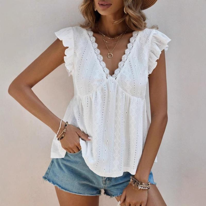 Camisa de Mujer Verano Calada Vacaciones Cuello en V Fruncida Manga Corta Encaje Blanca Blusa Moda Mujer Elegantes Tops Ajuste Ceñido Casual Suelta Camisas Femeninas