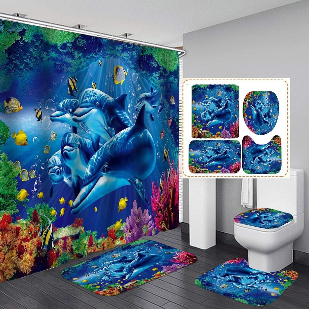 Dolphin Bathroom Decor Waterproof Shower Curtain Set Toilet Seat Cover Non-Slip Bath Mat Rug Carpet Polyester Fabric Washable
