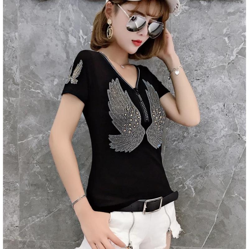 Streetwear Hip Hop Short Sleeve Wing T Shirt Women V Neck Zipper Sexy Diamonds Casual Tees Femme Diamonds Cotton Girl T-shirt Tops