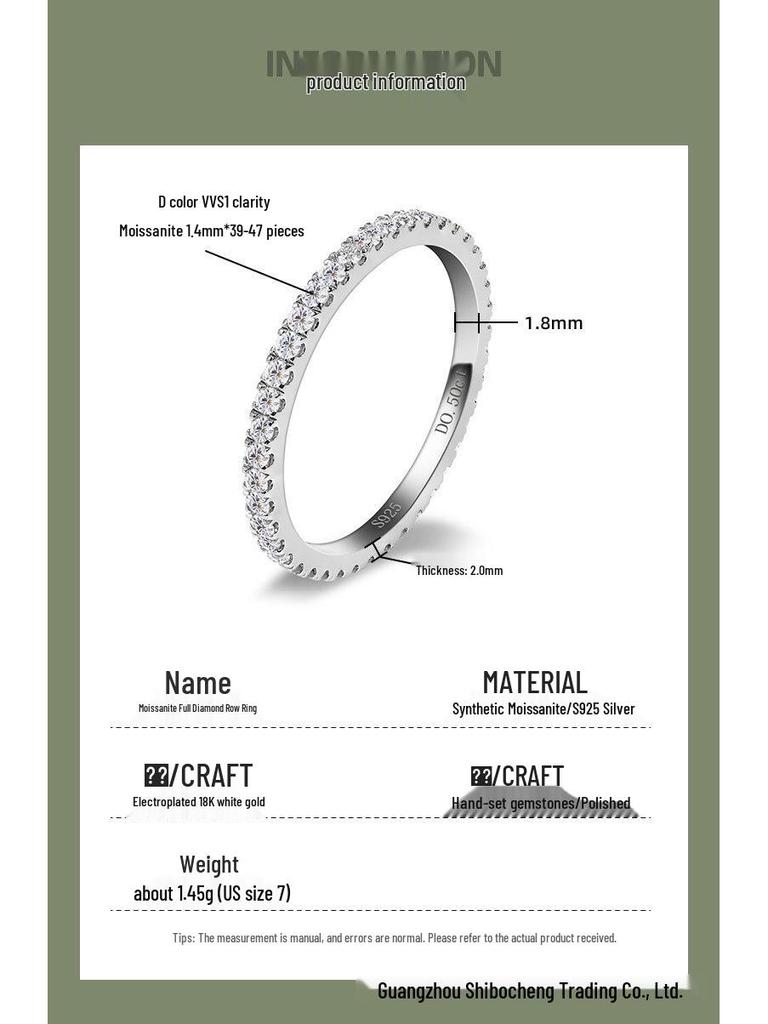 S925 Sterling Silver Moissanite Pavé Ring - Versatile Stackable Women's Design