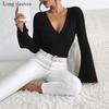 2026 New Women's Long-sleeved V-neck Flared Sleeve Wine Red T-shirt Autumn and Winter Slim-fit Base Shirt Top