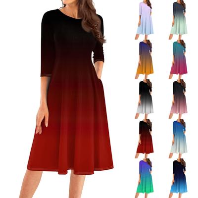 Women's Casual Fashion Round Neck Three Quarter Sleeve Print Midi Dress