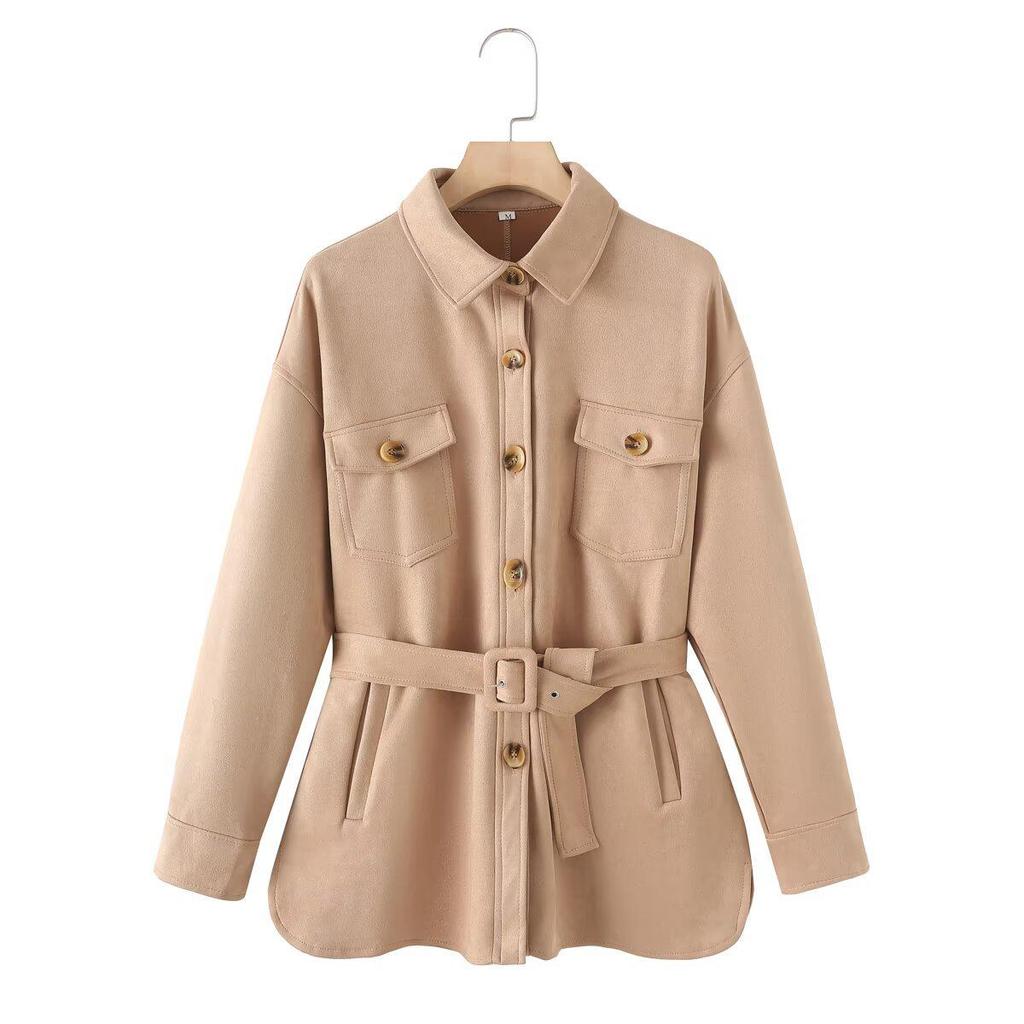 Women's Suede Lapel Jacket & Elastic Waist Straight Pants Set