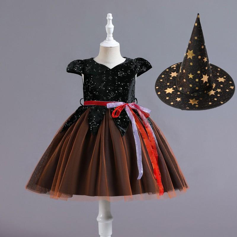 Halloween Costume Girls Witch Cosplay Dress Princess Gown With Hat Toddler Kids Party Outfit