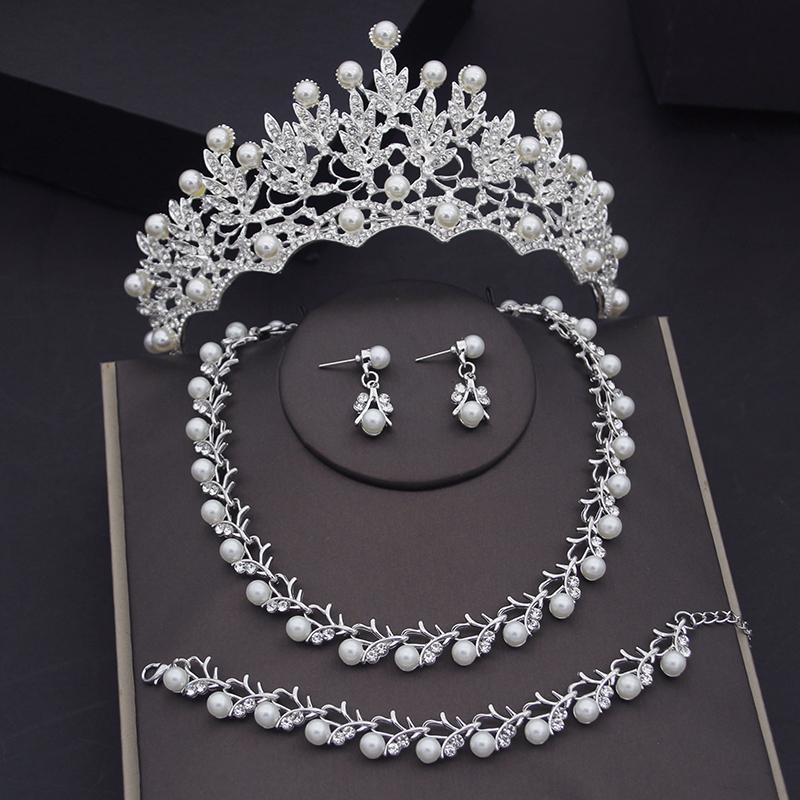 Rhinestone Pearls Bridal Jewelry Sets for Women Tiaras Earrings Necklace Sets Wedding Crown Bride Jewelry Set Accessories