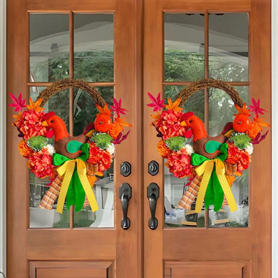 Thanksgiving Turkey Wreath for Front Door Autumn Artificial Wreath with Maple Leaves Pumpkin And Hydrangeas for Home Porch Thanksgiving Harvest Decor
