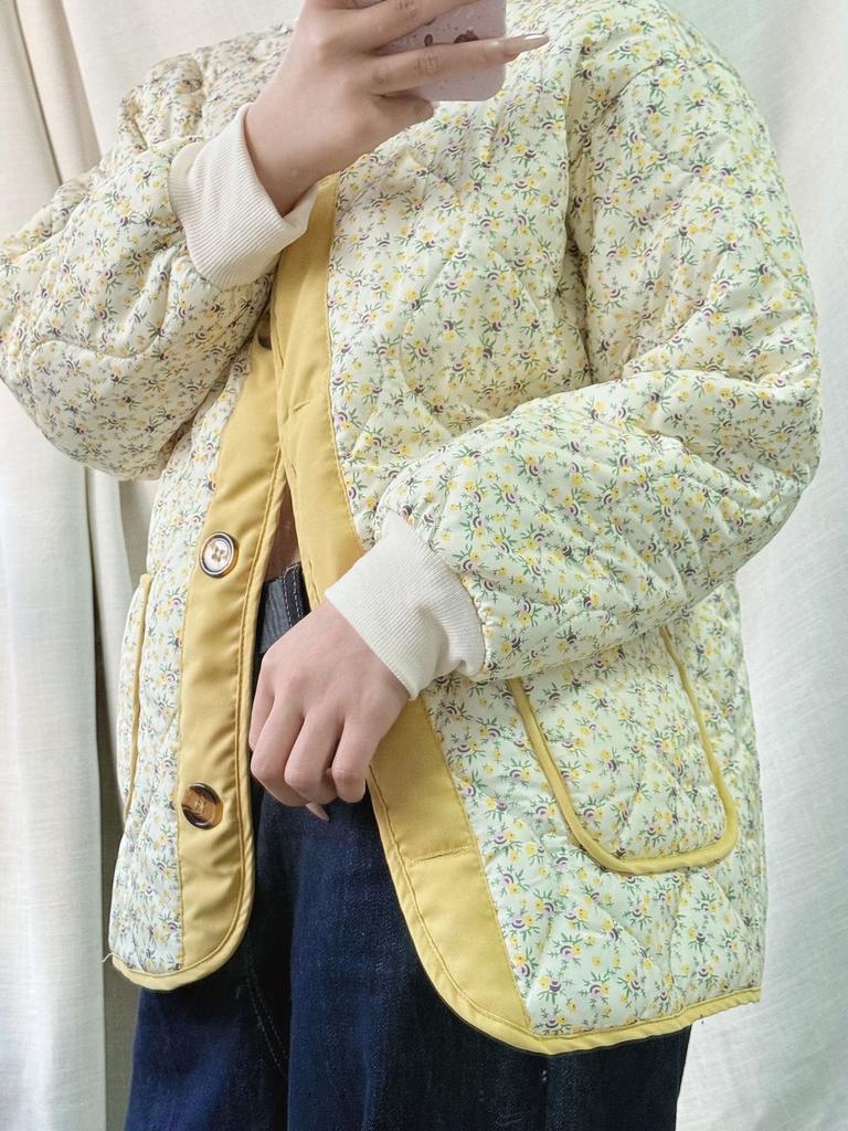 Women's Winter Lightweight Cotton Padded Jacket Light Yellow Korean Style Quilted Outerwear Northeast Floral Cotton Padded Coat