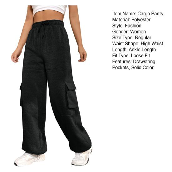 Women Cargo Pants Elastic High Waist Adjustable Drawstring Long Pants with Multi Pockets Wide Leg Design Solid Color Casual Pants