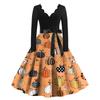 Women's Casual V Neck Long Sleeve Dress Halloween Print Fit and Flare Waist Tie Belt Knee Length Dress