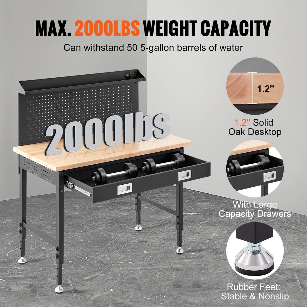 SucceBuy 2000lbs Hardwood Workbench Heavy Oak Plank Work Table Carbon Steel with 3m Cable 30 Hooks for Garage Office Workshop